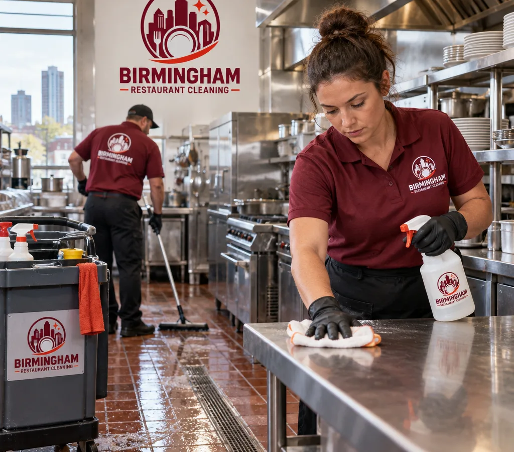 Professional cleaner detailing stainless prep surfaces and floors in a Birmingham restaurant kitchen