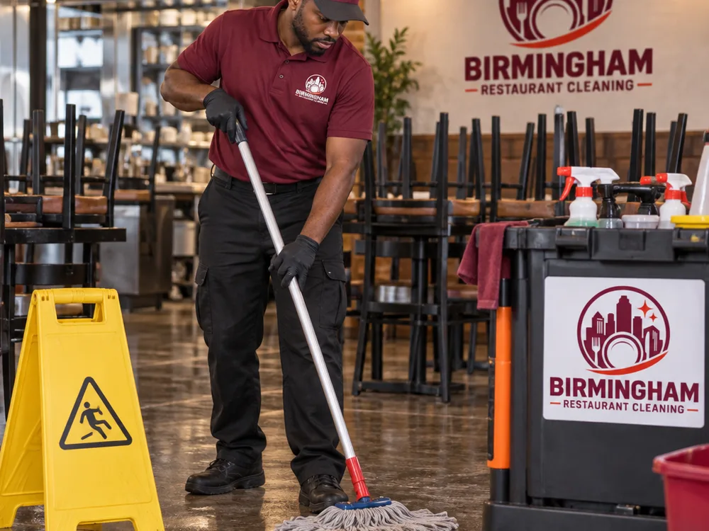 Cleaner mopping and detailing a restaurant dining room after hours with wet-floor signage in place