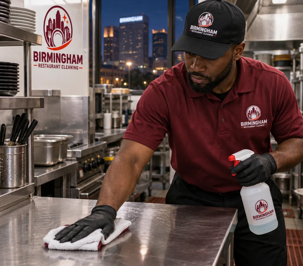 Night crew member sanitizing stainless prep tables in a Birmingham restaurant kitchen