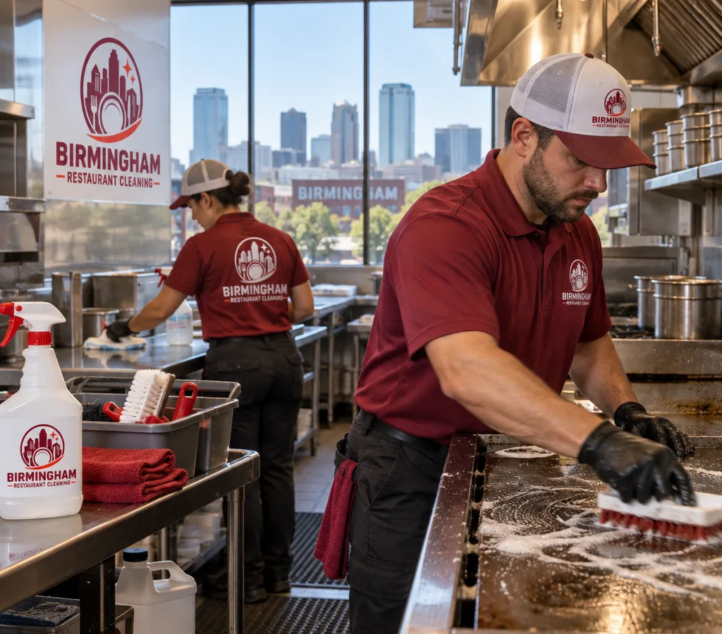 A Birmingham restaurant kitchen with stainless prep tables and a cook line being professionally cleaned, with degreasing tools and food-safe supplies staged neatly