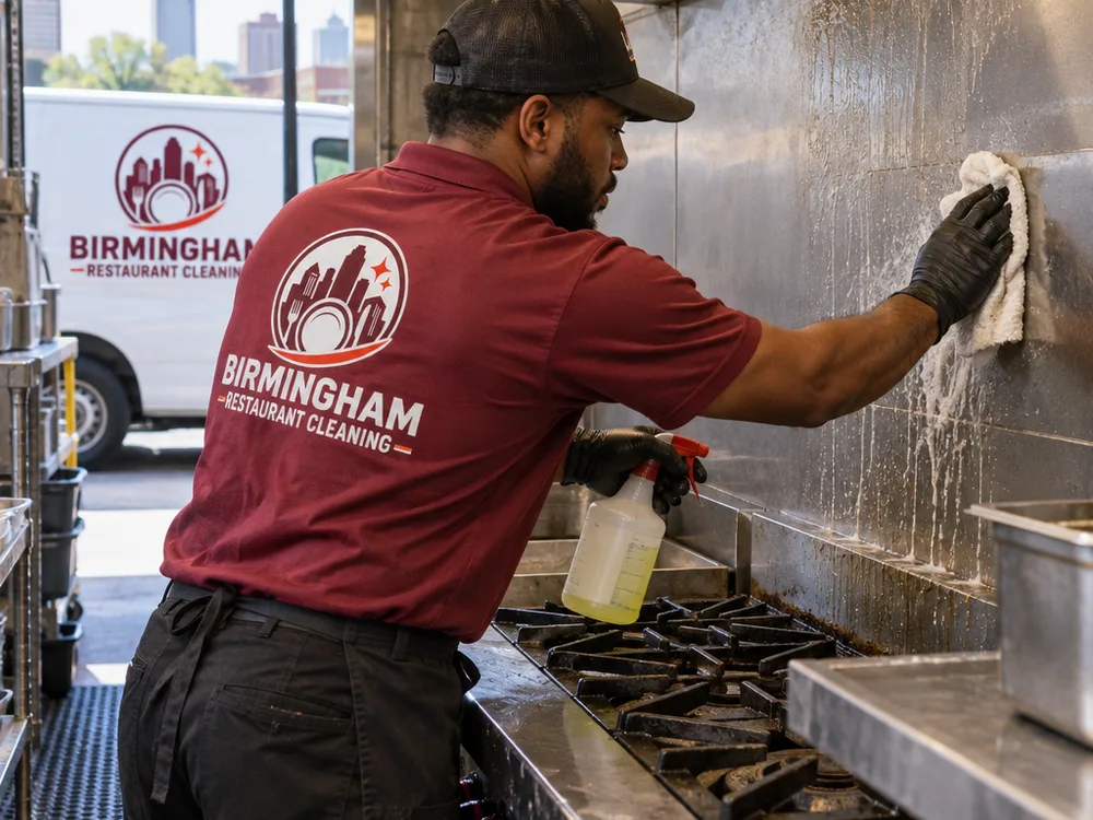 A technician cleaning behind a commercial range and along the wall splash zone with controlled degreaser application on stainless surfaces