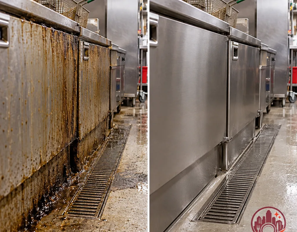 Before-and-after view of grease build-up and the fully degreased finish around a restaurant fryer line