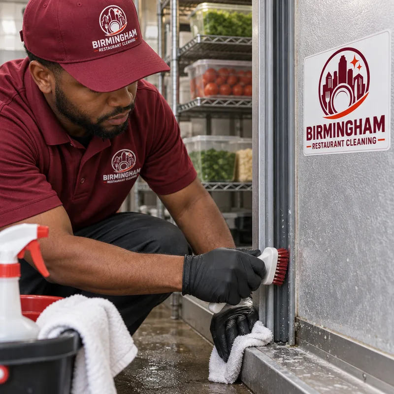Walk-in cooler door gasket and threshold being hand-cleaned beside neatly staged shelving