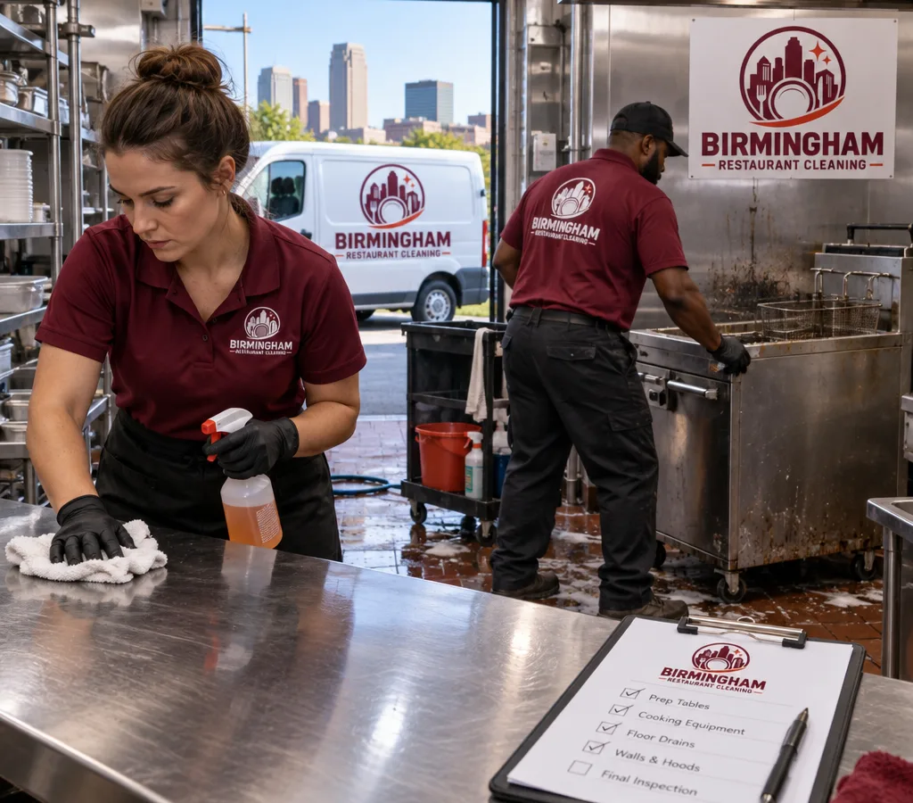 Technicians deep cleaning stainless prep tables and behind a fryer in a Birmingham restaurant kitchen