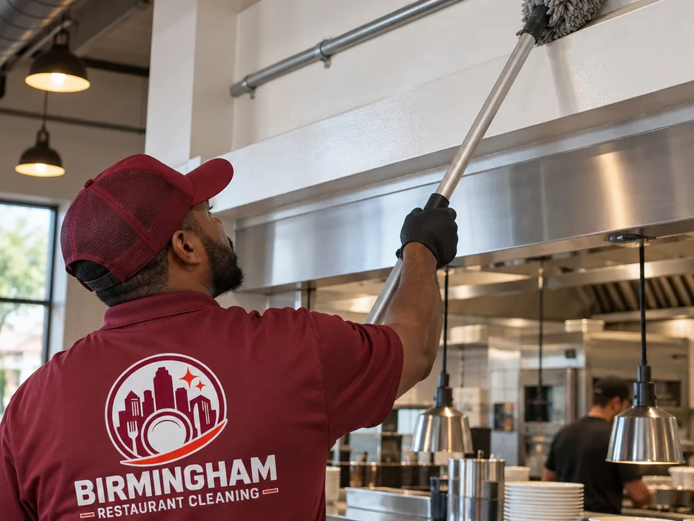 Overhead ledge and conduit after high dusting above a restaurant kitchen pass-through
