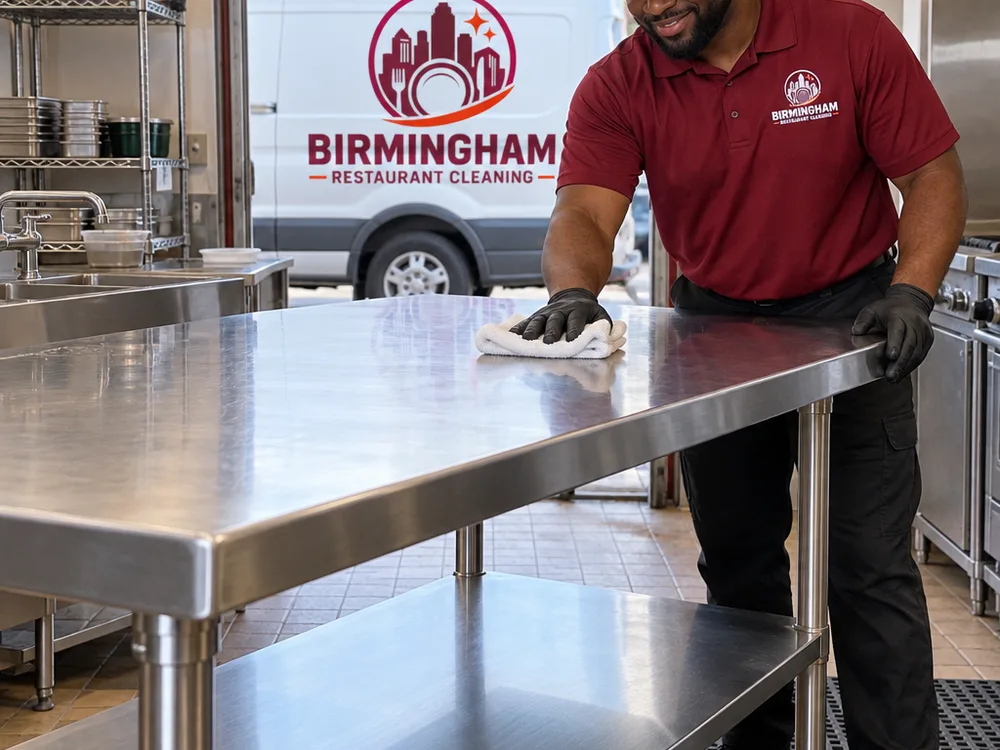 Detailed stainless prep table and undershelf with clean corners, seams, and legs