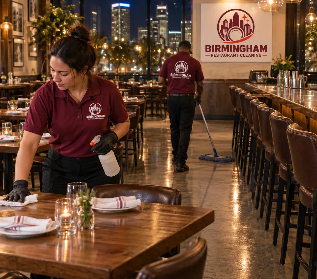 After-hours Birmingham restaurant dining room with a polished bar, spotless floors, and neatly staged tables