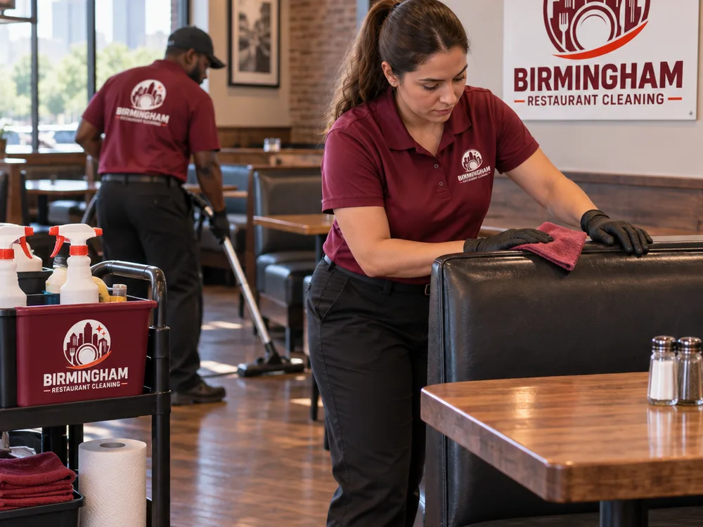 Cleaner detailing restaurant booths, table bases, floors, and baseboards with supplies organized on a cart