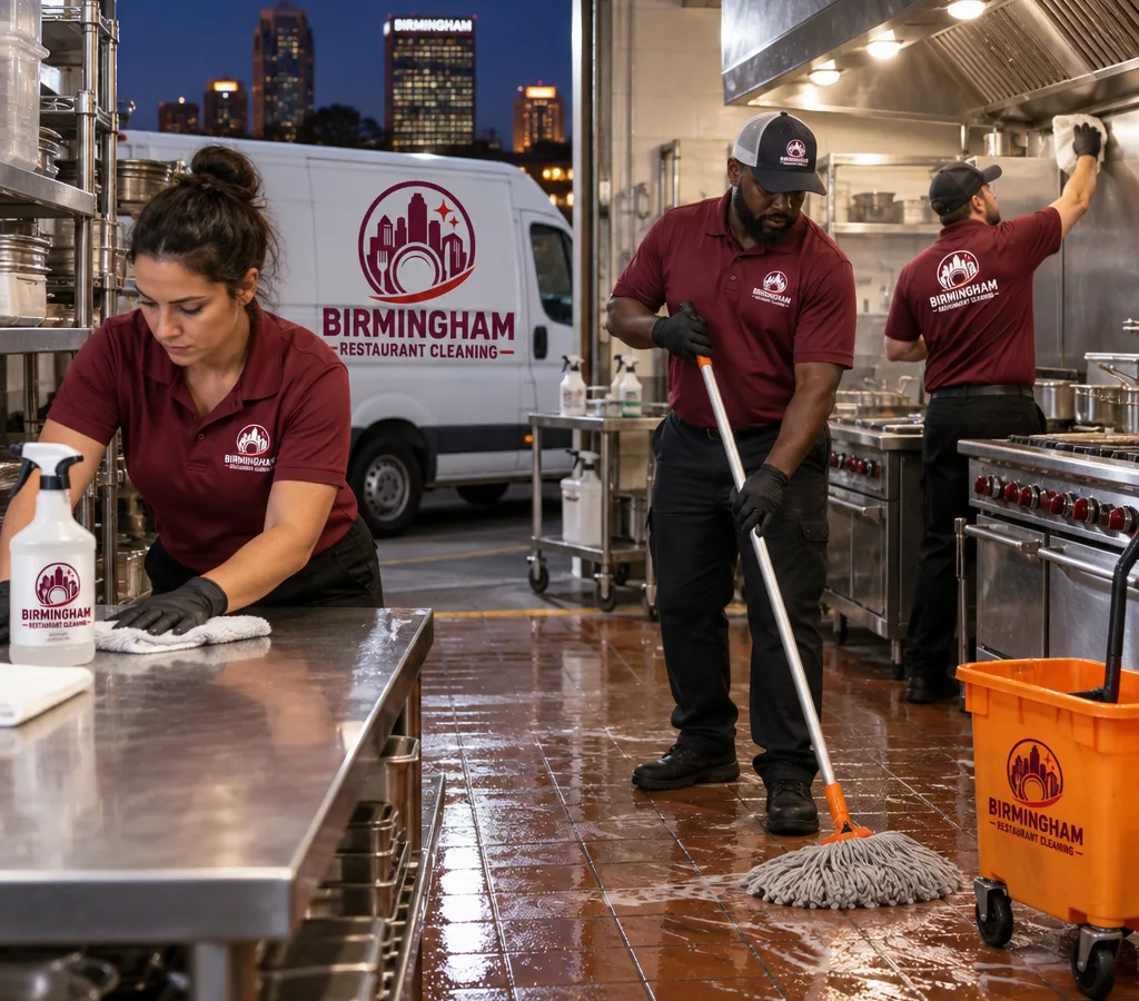 After-hours crew mopping a commercial restaurant kitchen and wiping stainless prep tables under hood lights
