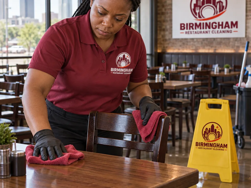 Janitorial worker sanitizing restaurant tables and chair backs while a dining-room floor dries near wet-floor signage