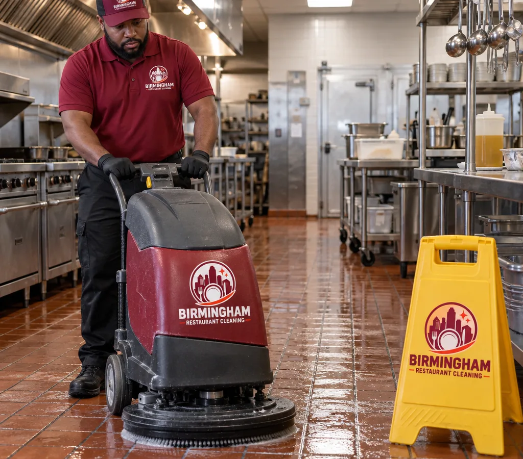 Technician using an auto-scrubber on quarry tile in a commercial kitchen with wet-floor signage