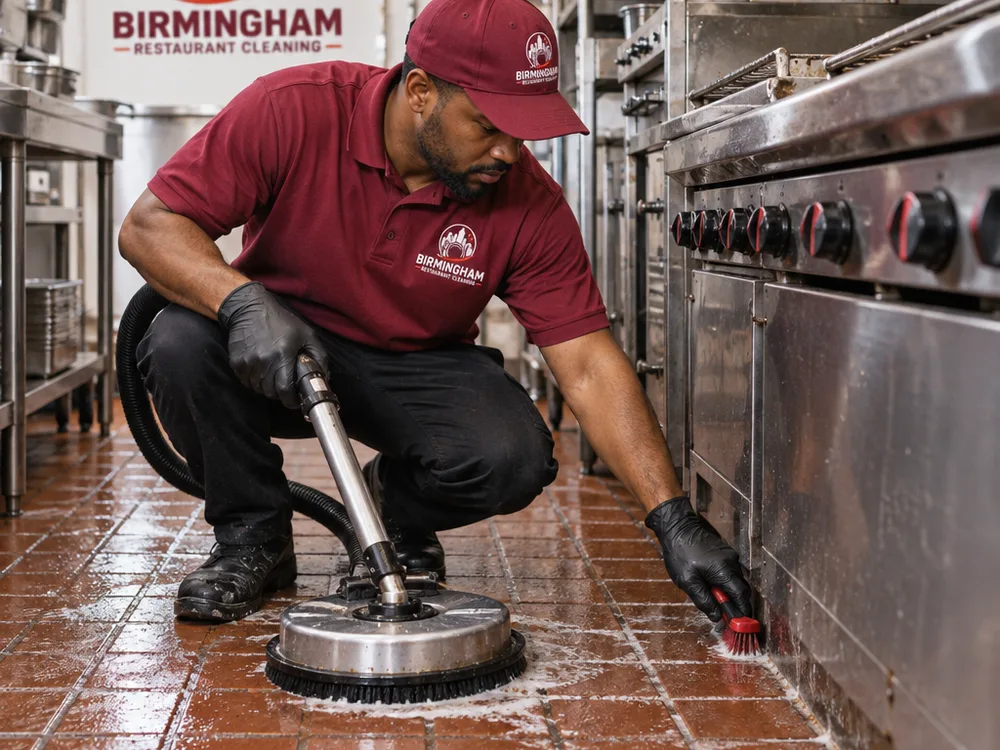 Quarry tile and grout being scrubbed beside a commercial cook line with a floor machine and detail brush