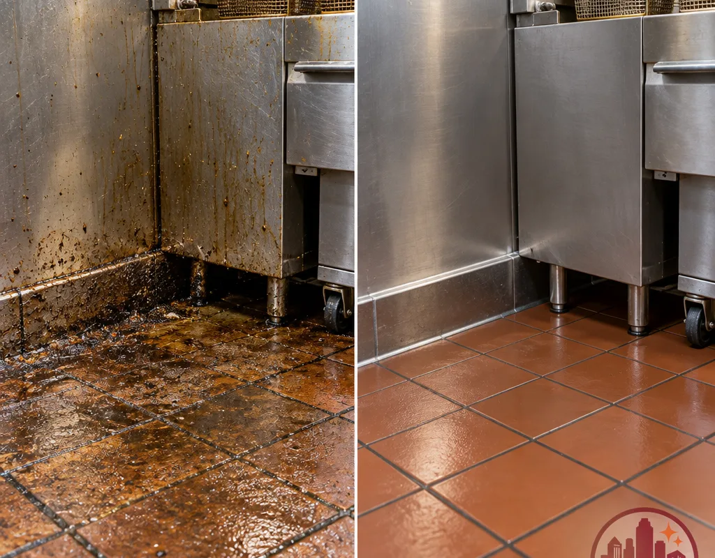 Before and after view of a degreased commercial kitchen floor corner near a fry station