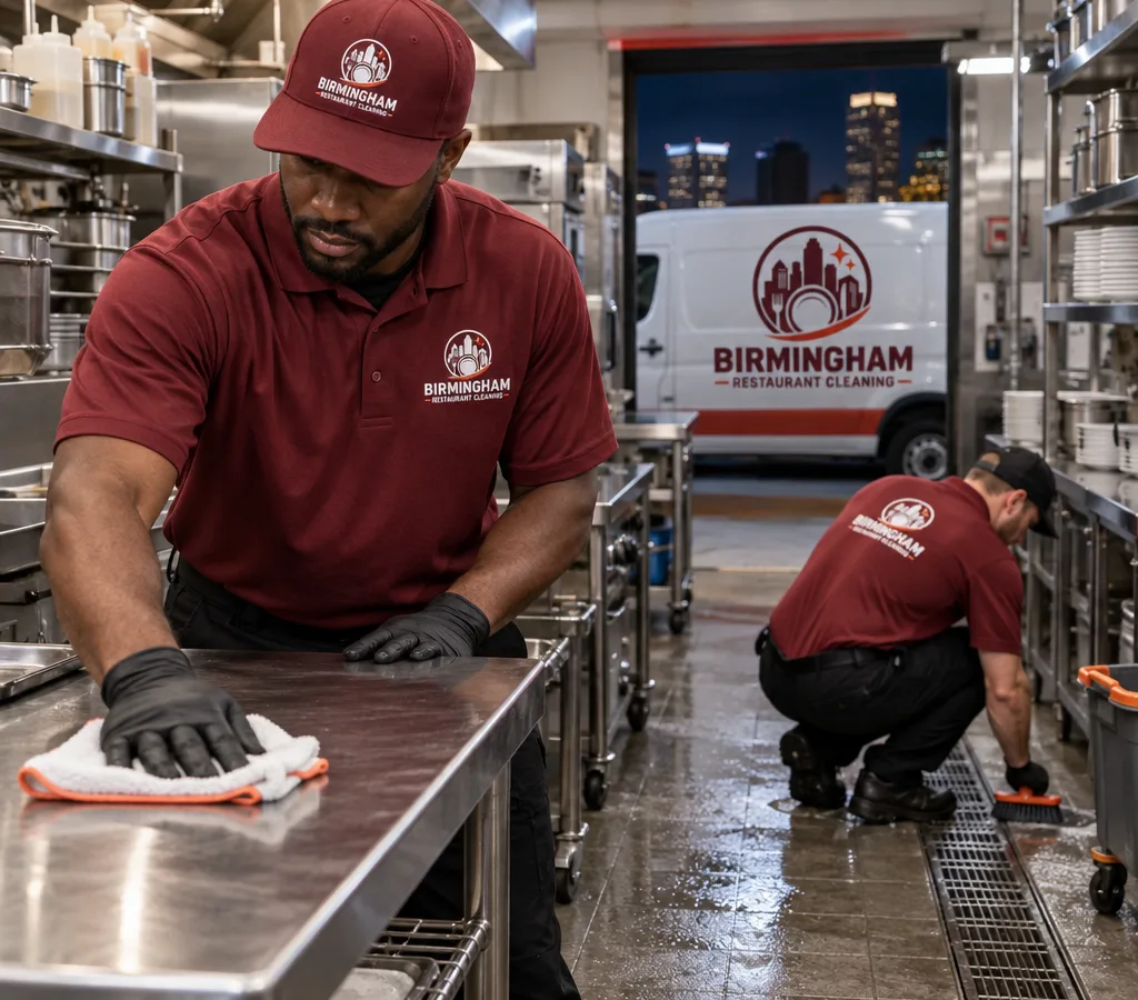 After-hours restaurant cleaning crew detailing stainless prep tables and floor drains in an organized commercial kitchen