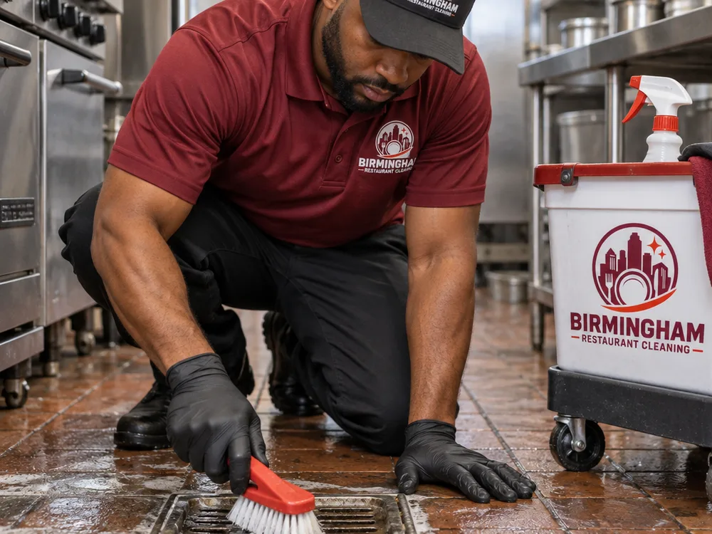 Technician wearing protective equipment detailing a commercial kitchen floor drain with stainless equipment in the background