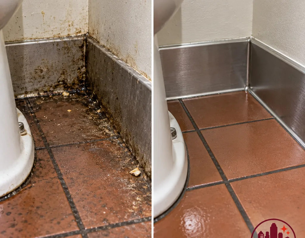 Restroom floor edge before and after corner detailing and sanitation