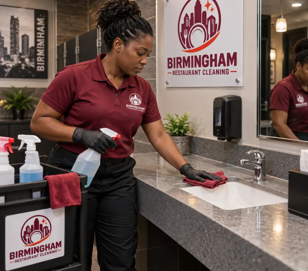 Professional cleaner disinfecting a restaurant restroom sink and counter with supplies staged neatly