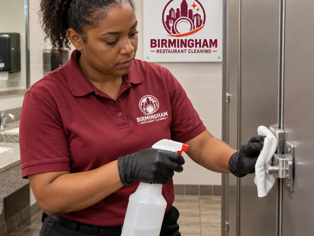 Cleaner wearing gloves disinfecting a commercial restroom stall latch and door handle