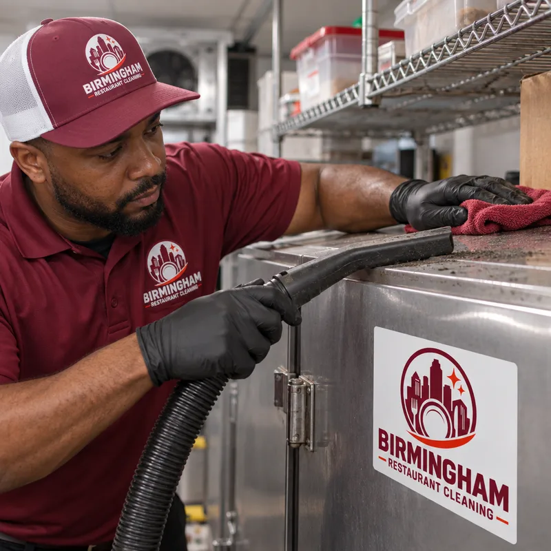 Technician removing dark dust and grease residue from the top of a walk-in cooler and adjacent high shelf