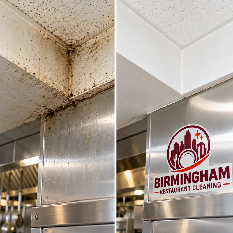 Cleaned ceiling corner and soffit line above a commercial kitchen wall with dust webs removed