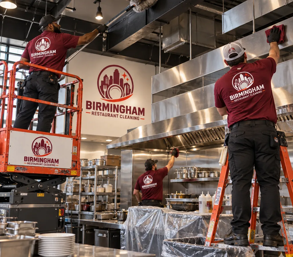 Commercial kitchen crew using ladders and a lift to clean beams and overhead ledges above a restaurant cooking line