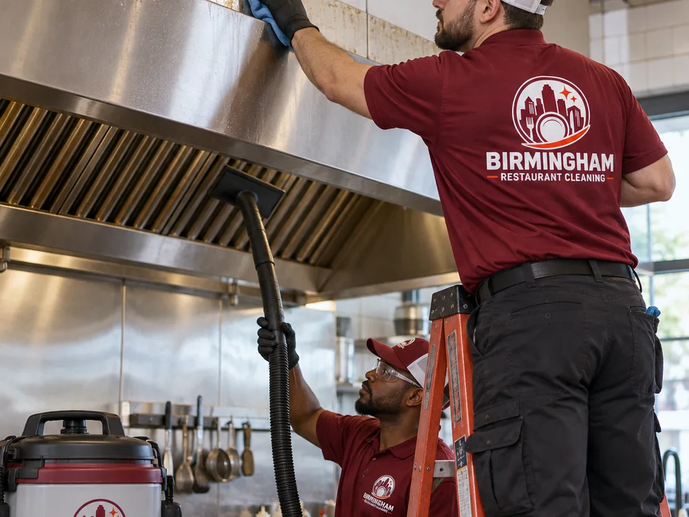 Technicians cleaning grease film from a hood surround and high wall ledge while using a vacuum to contain falling dust