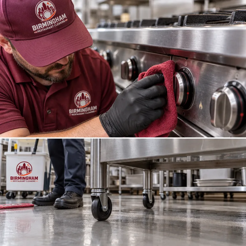 Technician cleaning commercial kitchen equipment controls and floor space around a movable prep table