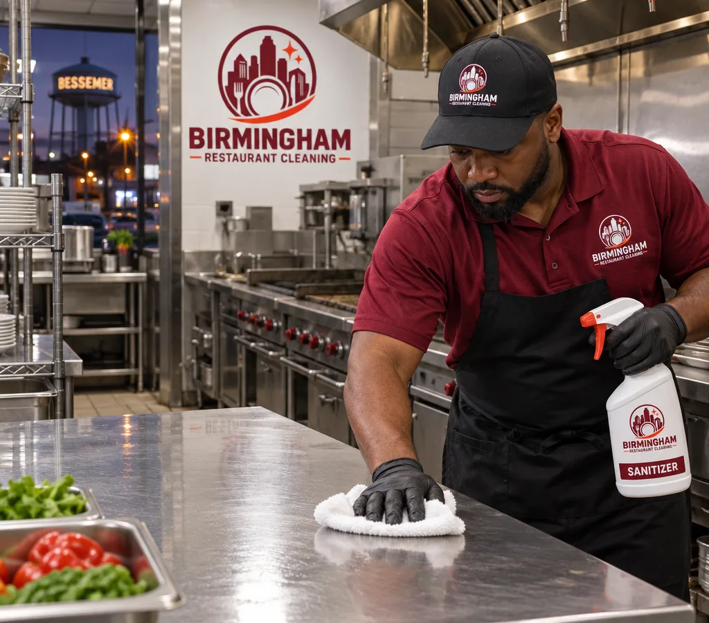 Technician cleaning food-contact surfaces in a commercial Bessemer kitchen after hours