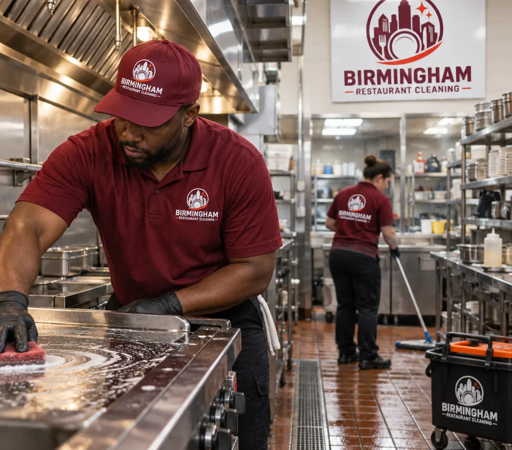 After-hours restaurant cleaning crew detailing a commercial kitchen line with stainless surfaces, tile floor, and visible prep area in a Hoover-area restaurant setting