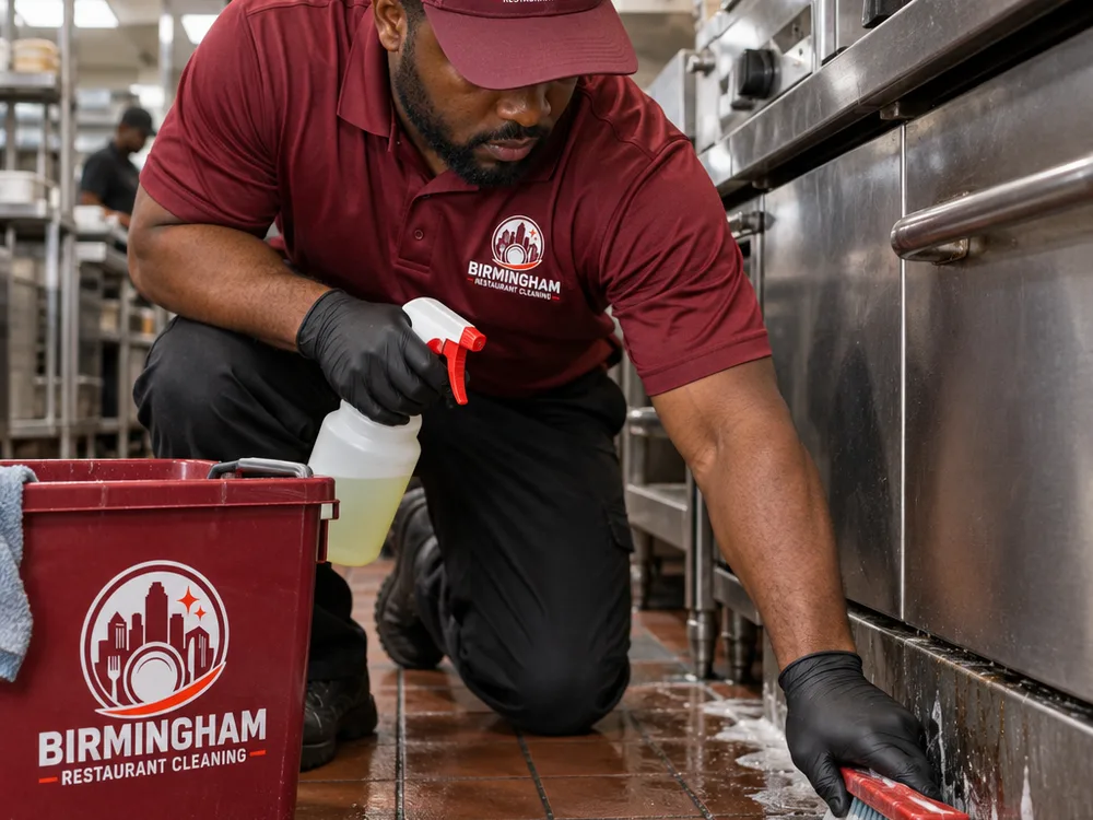Close-up of a technician cleaning a commercial kitchen floor edge and baseboard area near a cook line, showing degreasing and detail work in tight corners