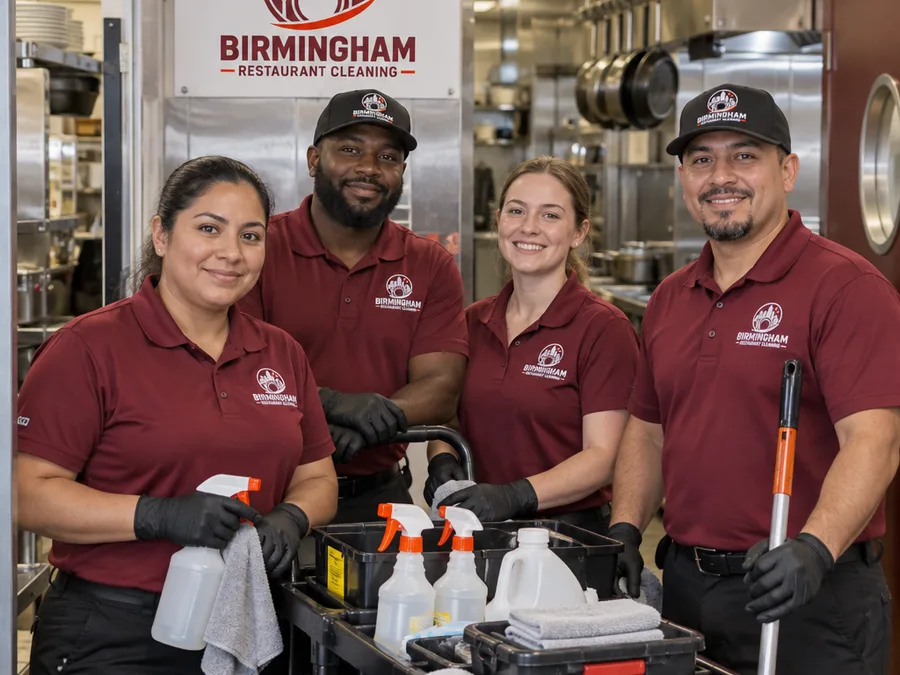 Restaurant cleaning team ready for a scheduled commercial kitchen clean