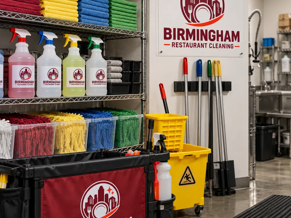 Color-coded restaurant cleaning supplies staged before a shift